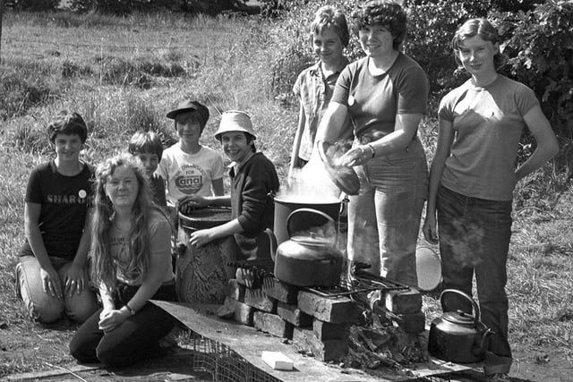 RETRO 1979 Standish  Girl Guides at campin the woods behind The Owls restaurant