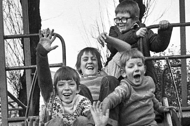 Young pals enjoying their half-term holidays in Mesnes Park, Wigan, on Monday 26th of February 1973.