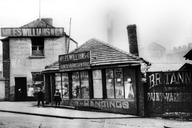 Miles Williams paint and varnish works at Scholes Bridge, Wigan, in the late 1890s.  They made and sold decorating materials but also maximum light window glass and provided cathedral, shell and fancy glass of every description.