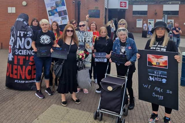 Anti-animal testing activists hold memorial walk for beagle dogs and protest against the company, MBR Acres.