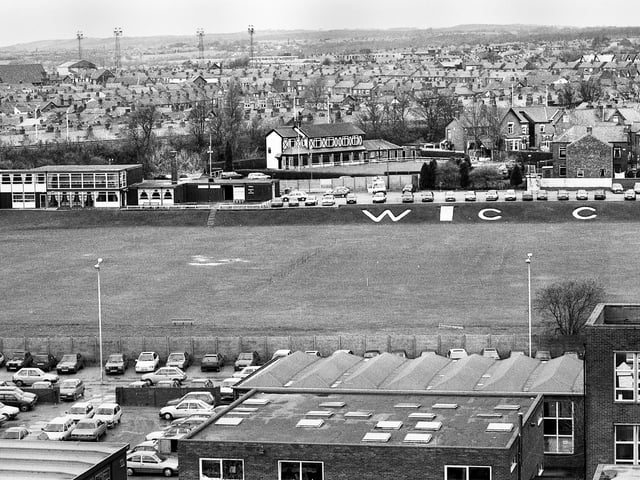 A view from March 1994 of Wigan Cricket Club's Bull Hey ground with Wigan Subscription Bowling Club just behind and in the distance Springfield Park, home of Wigan Athletic. Picture by Jon Snape.