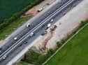 An aerial shot of works continuing on the M6 between Wigan and Warrington
