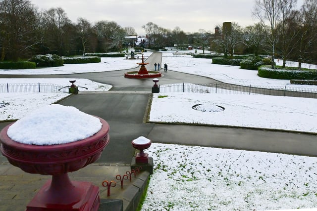 A snow scene in Mesnes Park, Wigan.