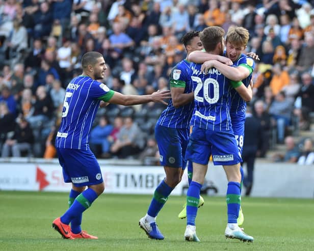Joe Gelhardt celebrates scoring his first senior goal for Latics at Hull