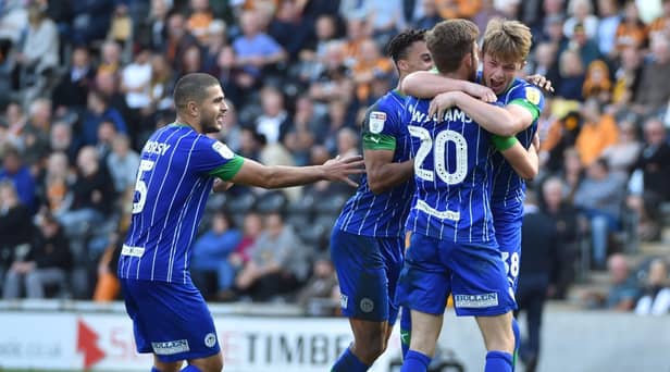 Joe Gelhardt celebrates scoring his first senior goal for Latics at Hull