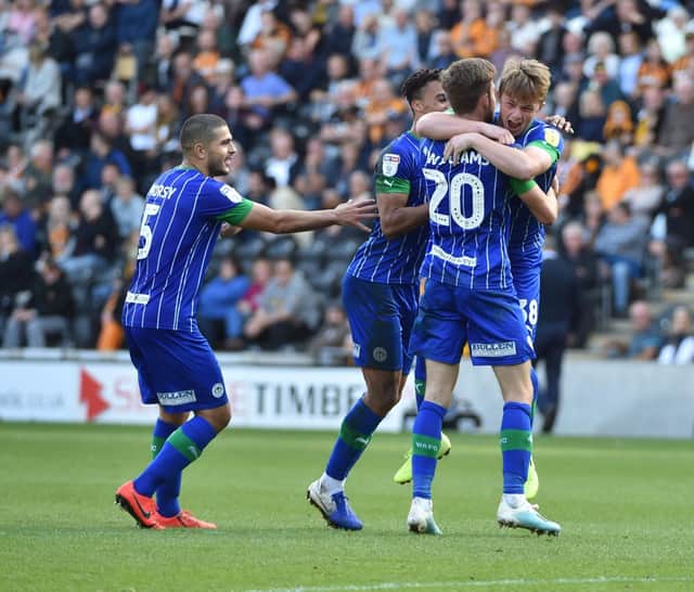 Joe Gelhardt celebrates scoring his first senior goal for Latics at Hull