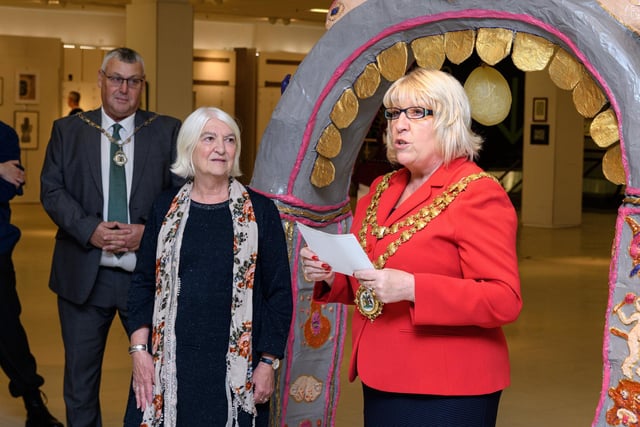 Speeches with Councillor Marie Morgan at the official opening of the Duet Art Exhibition at the Grand Arcade in Wigan