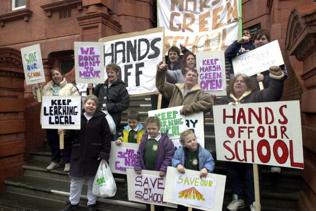 2003 - Parents and pupils outside Wigan town Hall as they protest against the proposed closure of Marsh Green primary School.