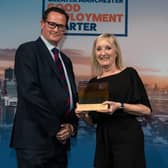 Wigan and Leigh College's vice-principal Louise Brown receives her award from Mark Goodyer, HR director for category sponsor Sodexo UK and Ireland