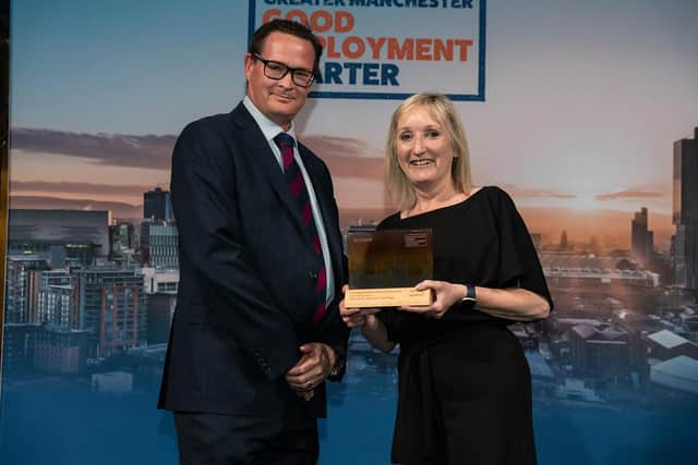 Wigan and Leigh College's vice-principal Louise Brown receives her award from Mark Goodyer, HR director for category sponsor Sodexo UK and Ireland