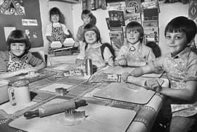 Making biscuits are Jane Shuttleworth, Debbie Woods, Mark Doyle, Victoria Ashton, Sean McGrae and David Vernon at Evans County Infants School, Ashton, in October 1976.