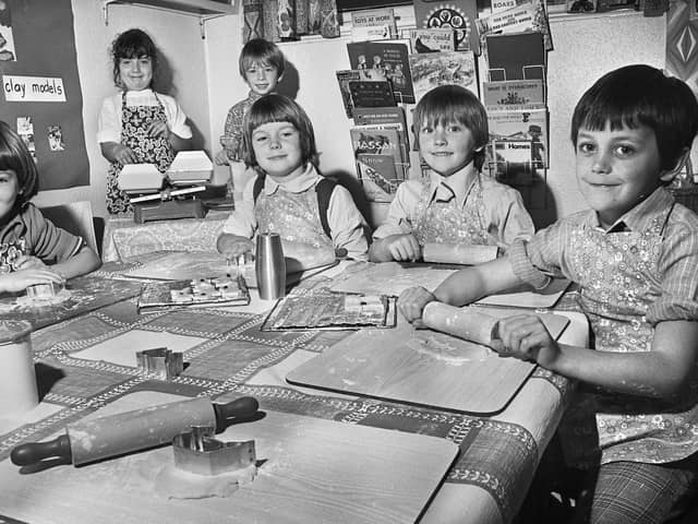 Making biscuits are Jane Shuttleworth, Debbie Woods, Mark Doyle, Victoria Ashton, Sean McGrae and David Vernon at Evans County Infants School, Ashton, in October 1976.