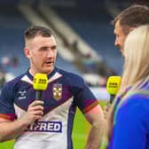 England's Harry Smith being interviewed by BBC Sport after England's victory in the second match of the England v Tonga test series at the John Smith Stadium