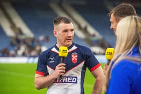 England's Harry Smith being interviewed by BBC Sport after England's victory in the second match of the England v Tonga test series at the John Smith Stadium