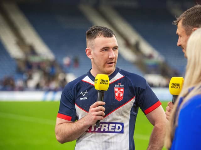 England's Harry Smith being interviewed by BBC Sport after England's victory in the second match of the England v Tonga test series at the John Smith Stadium