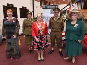 from left, Melanie Bryan OBE DL, Deborah Pugh, Mayor of Wigan Coun Yvonne Klieve, Dave Myers from 5th Bn. Manchester Regiment Living History Museum and Sharman Birtles MBE JP DL Vice Lord-Lieutenant of Greater Manchester.