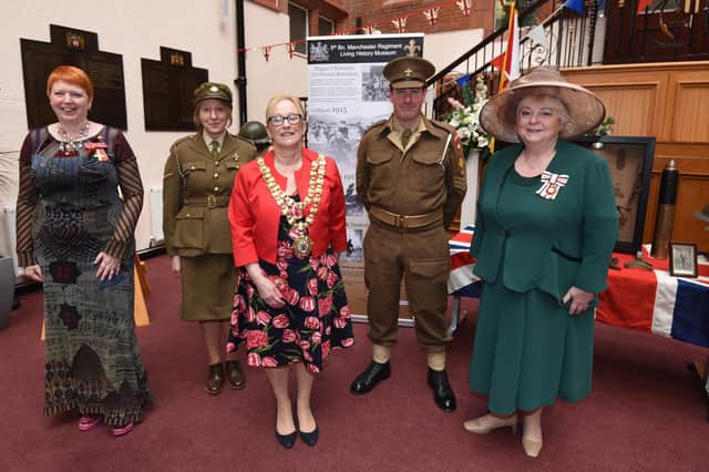 from left, Melanie Bryan OBE DL, Deborah Pugh, Mayor of Wigan Coun Yvonne Klieve, Dave Myers from 5th Bn. Manchester Regiment Living History Museum and Sharman Birtles MBE JP DL Vice Lord-Lieutenant of Greater Manchester.