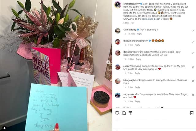 Charlotte Dawson's Instagram post which shows the special card, penned by her mum on behalf of dad Les Dawson, on the opening night of Cinderella at Blackpool Pleasure Beach Globe Theatre where she is playing the Wicked Stepmother