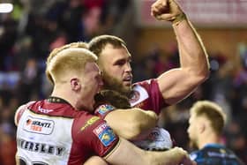 Kaide Ellis celebrates Jai Field's 'try' against Leigh, only for the video referee to chalk it off