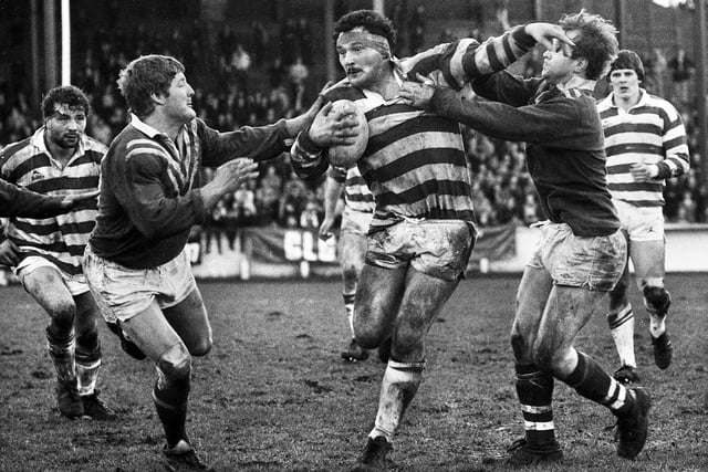 Wigan prop Brian Case battles through the St. Helens defence in the Good Friday league clash at Central Park on 1st of April 1983 which Wigan won 13-6.