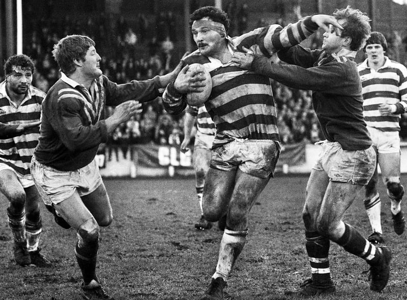 Wigan prop Brian Case battles through the St. Helens defence in the Good Friday league clash at Central Park on 1st of April 1983 which Wigan won 13-6.