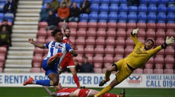 Ivan Toney scores for Latics during his loan spell in 2017-18