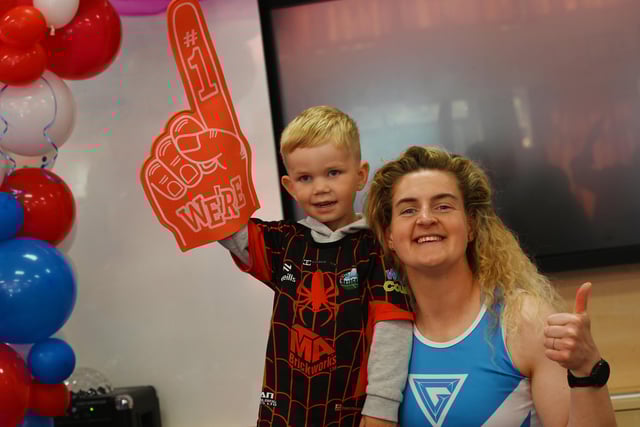 Betti Worth, right, who was a contender on tv show Gladiators, visits Aspull Our Lady's RC primary school, Aspull,  school sports day and summer gala day.