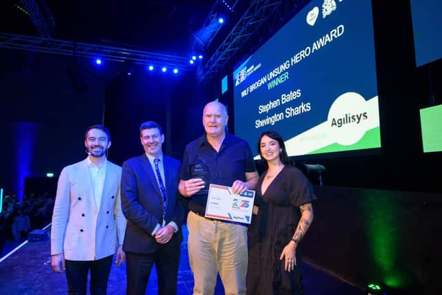 2025 Unsung Hero Award winner Stephen Bates with sponsors and special guest James Child