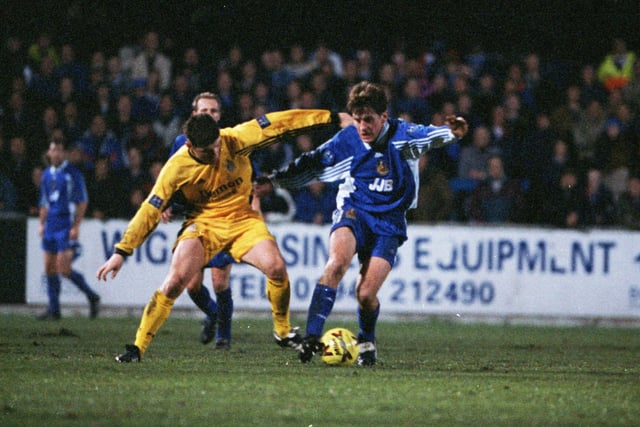 RETRO - WIGAN - 1998 - Wigan Athletic (blue kit) take on Fulham at Springfield, Wigan. 1st December 1998.