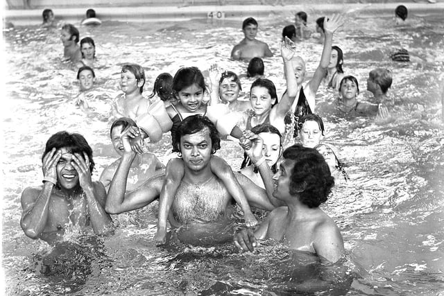 RETRO 1976 Cooling off in the hot summer of 1976 at Hindley swimming pool