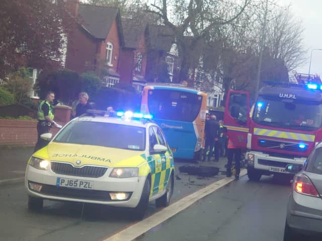 A passer-by took this picture of emergency services at the scene of the crash in Wigan Lane on Tuesday afternoon
