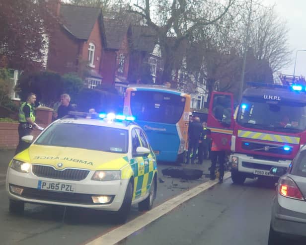 A passer-by took this picture of emergency services at the scene of the crash in Wigan Lane on Tuesday afternoon