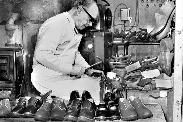 Hindley clog maker Harry Hurst at work in November 1966. Harry's son Walter carried on the tradition for many years afterwards.