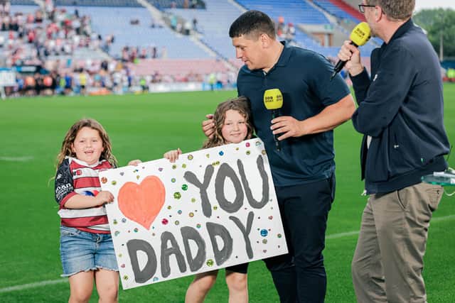 Matty Peet received a surprise from his daughters during his interview with BBC Sport after the Warrington Wolves victory