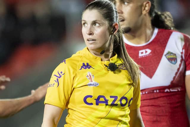 Kasey Badger made history by being the first female referee in a Rugby League World Cup game