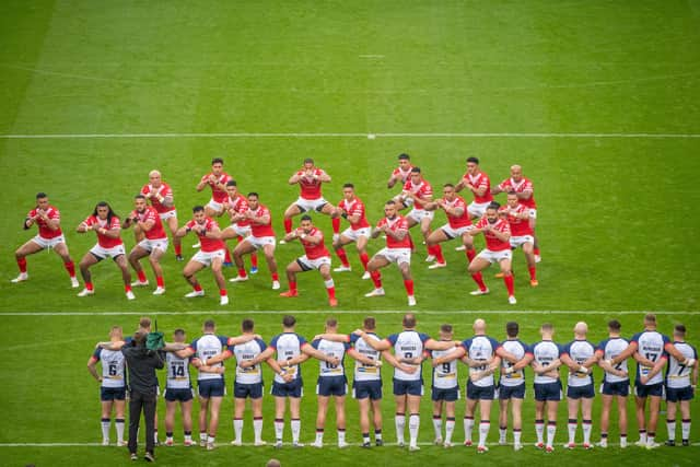 Tonga performing the Sipi Tau before kick off at the John Smith's Stadium