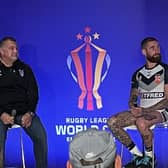 England coach Shaun Wane and skipper Sam Tomkins at the World Cup launch in Manchester on Monday