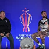 England coach Shaun Wane and skipper Sam Tomkins at the World Cup launch in Manchester on Monday