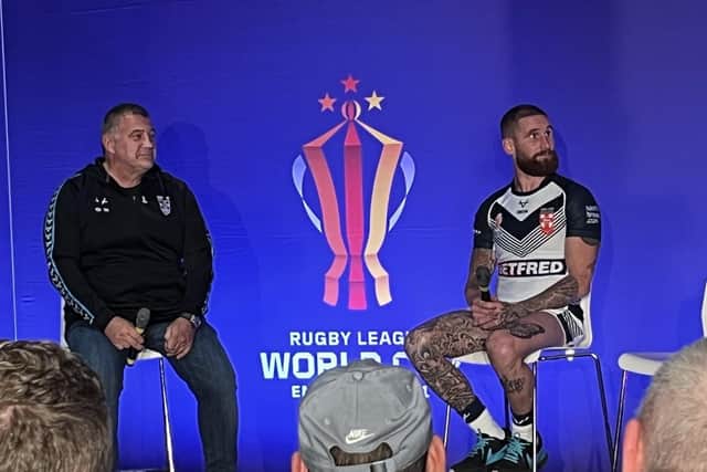 England coach Shaun Wane and skipper Sam Tomkins at the World Cup launch in Manchester on Monday