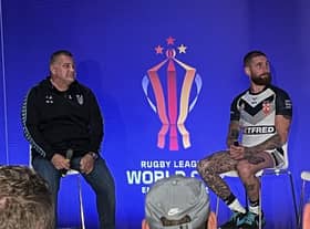 England coach Shaun Wane and skipper Sam Tomkins at the World Cup launch in Manchester on Monday