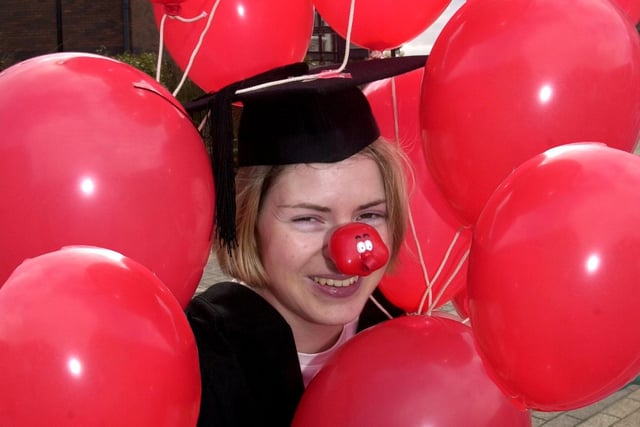 The balloons go up at Kingsdown High School where maths teacher, Vicki Cardwell, was ready to launch a race for Red Nose Day - Comic Relief 2001
