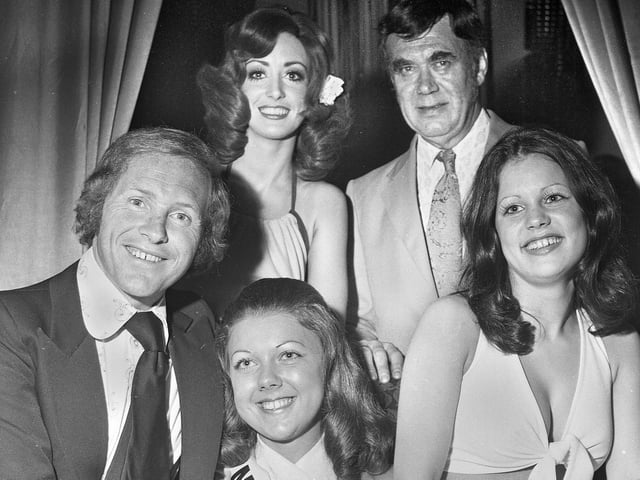 Radio One DJ "Diddy" David Hamilton with Miss Wigan Casino, Norma Leyland, and runners up on Friday 27th of July 1973. Back is Wigan Casino manager Gerry Marshall.