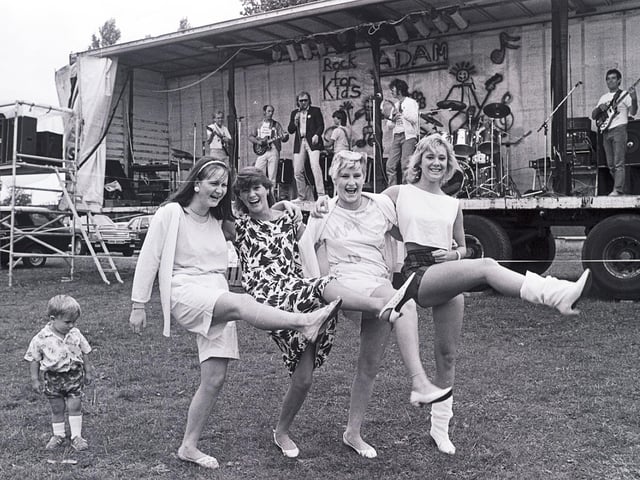 Joanne Cunniff, Tracey Taylor, Julie Littler, and Jayne Warburton day to Ram Sammy at the 1986 rock festival in Ince