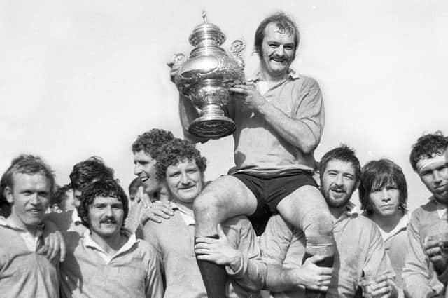 Orrell Rugby Union club captain Des Seabrook chaired by team-mates holds aloft the Lancashire Rugby Union Challenge Cup after beating Liverpool 16-0 at Waterloo on Sunday 16th of April 1972.  Orrell were the first team to win the trophy when it was resurrected after being mothballed 75 years earlier.