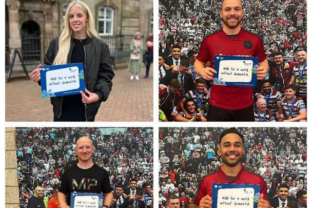 From top left to bottom right: Athletics star Keely Hodgkinson and Wigan Warriors players Liam Marshall, captain Liam Farrell and Bevan French promoting the walk