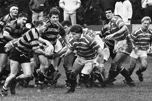 Dewi Morris looks for attacking options against Leicester watched by future England captain Martin Johnson, 2nd right, as Orrell beat Leicester 21-9 at Edge Hall Road to stay top of the Courage Championship League on Saturday 29th of February 1992.