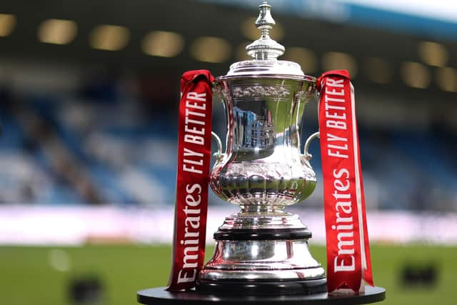 GILLINGHAM, ENGLAND - JANUARY 07: The FA Cup trophy during the Emirates FA Cup Third Round match between Gillingham and Leicester City at MEMS Priestfield Stadium on January 07, 2023 in Gillingham, England. (Photo by Alex Pantling/Getty Images)