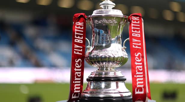 GILLINGHAM, ENGLAND - JANUARY 07: The FA Cup trophy during the Emirates FA Cup Third Round match between Gillingham and Leicester City at MEMS Priestfield Stadium on January 07, 2023 in Gillingham, England. (Photo by Alex Pantling/Getty Images)