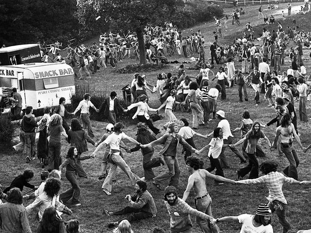 Folk fans enjoying dancing at the 1977 July Wakes Folk Festival at Park Hall, Charnock Richard.