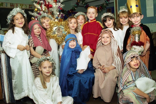 Infants of Hindley All Saints Primary School with their nativity play in December 1995.